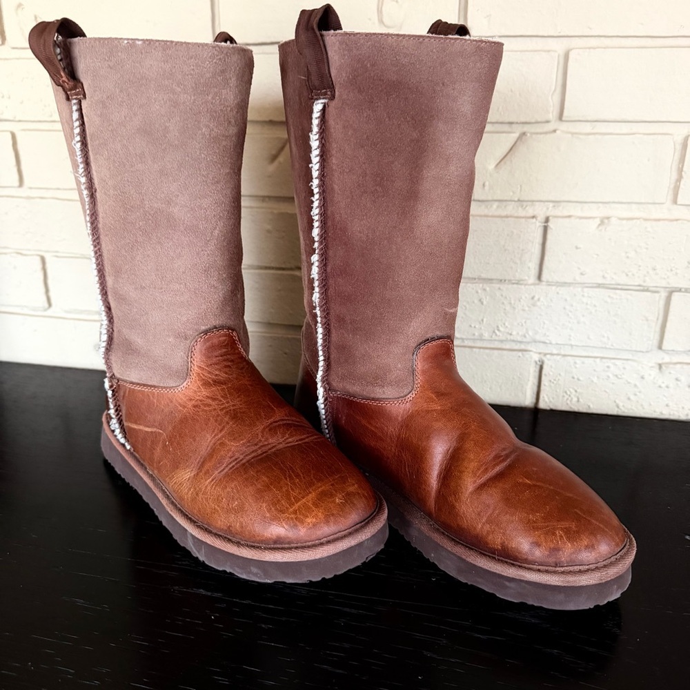 Vintage 90s Y2K American Eagle AE Boots Chunky Brown Leather Sherpa Lined Sz 10 - Picture 2 of 7